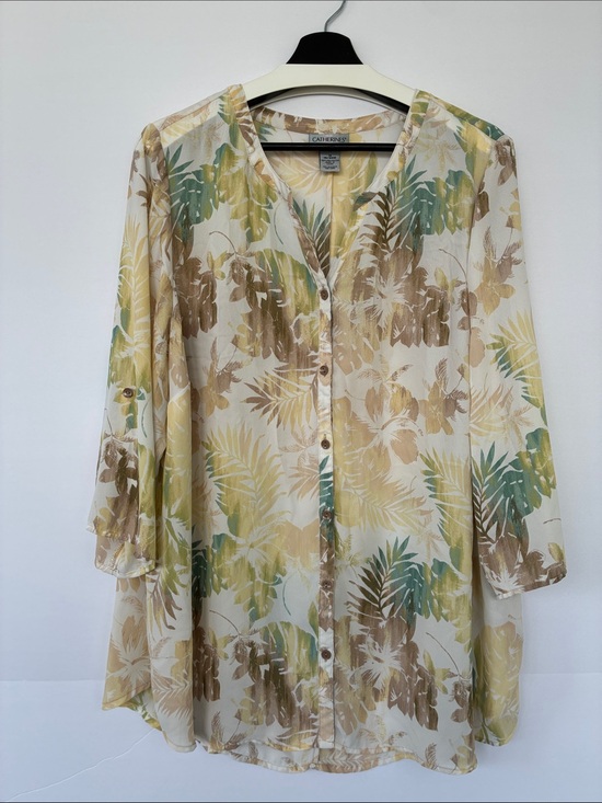 Catherines Tops - Catherines Cream Button-Front Tunic with Green and Brown Leaf Print 1X